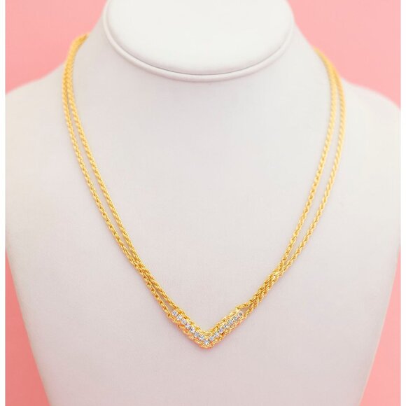 Vintage V-Shape Rhinestone Gold Tone Necklace by Avon - P9 - Picture 2 of 3